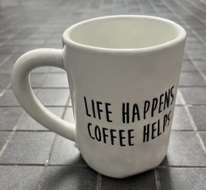 “LIFE HAPPENS COFFEE HELPS” Natural Farmhouse Rae Dunn Style Coffee Mug Tea Cup - Picture 1 of 9