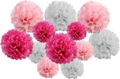 12 Pack Mixed Hanging Tissue Paper Pom Poms 8” & 10” in Hot Candy Pink Shades - Image 1 of 4