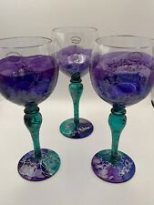 VTG Euro Glass Mouth Blown Multicolored Hand Painted Wine Glasses 8x3” Set Of 3