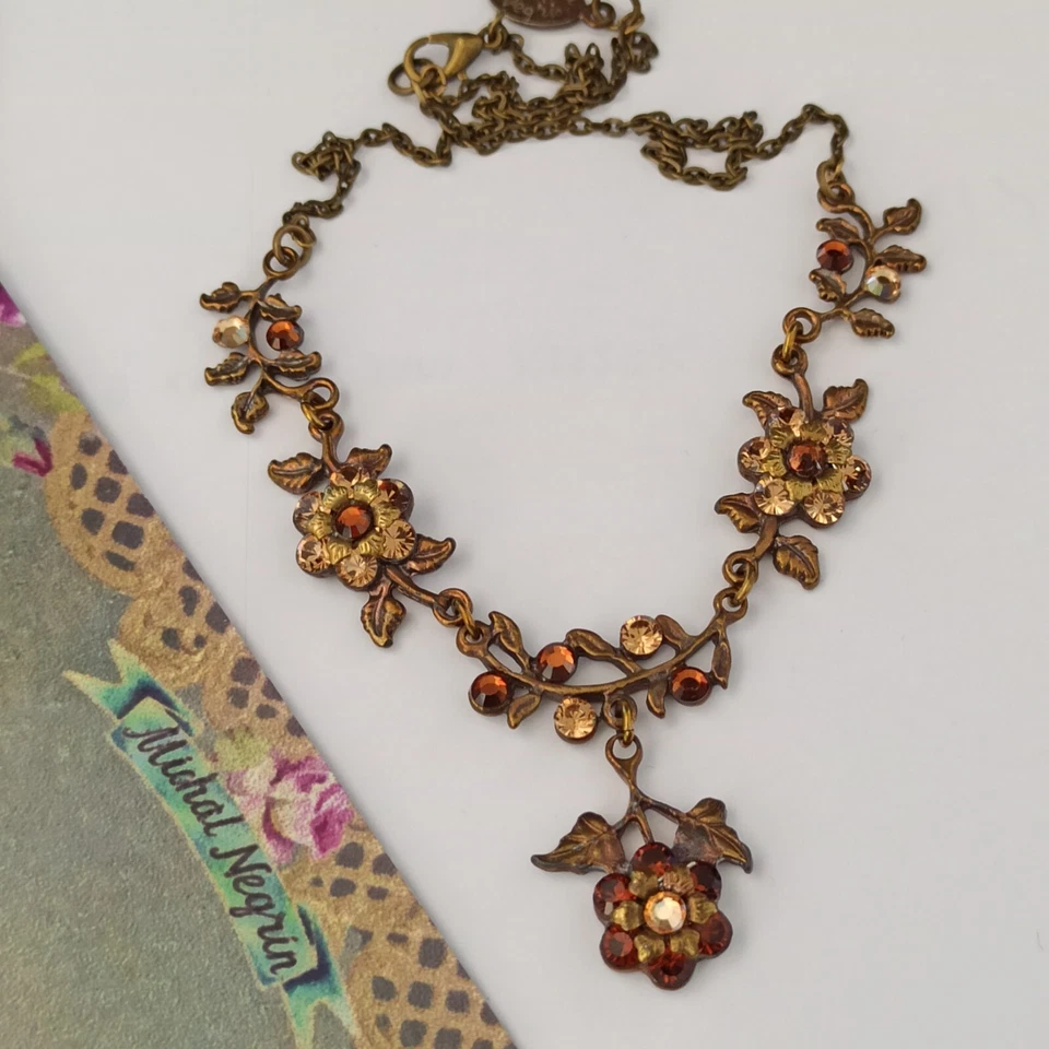 Collar Michal Negrin Rosas Marrones Cristales Gota en Y Romántico Cóctel Retro De Colección Foto 1 de 4