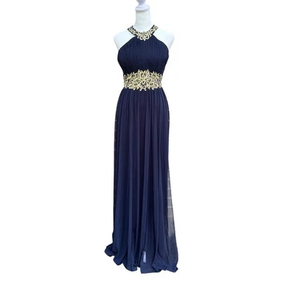 Betsy & Adam Dress Size 4 Navy Gold Lace Halter Prom Evening Gown Style A18946 - Image 1 of 4