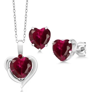 5.12 Cttw Created Ruby Pendant and Earrings Jewelry Set For Women In 925 - Picture 1 of 3
