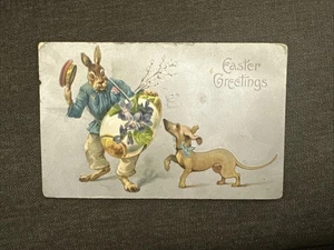 Conejito Dachshund de Pascua postal antigua 1910 litografía sin publicar en relieve - Imagen 1 de 7