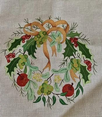 Christmas Wreath Needlepoint Canvas with Sparkles Holly Berries Fruit - Image 1 of 3