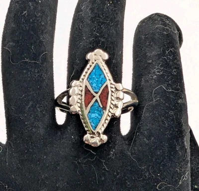 Anillo de plata esterlina con incrustaciones de turquesa y coral talla 9 nativo occidental suroeste Foto 1 de 4
