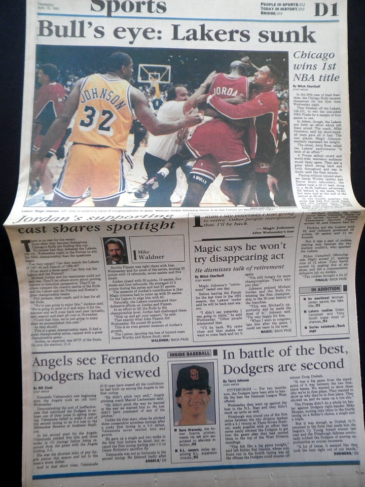 RARO BULLS MICHAEL JORDAN GANA EL PRIMER TÍTULO DE LA NBA 1991 PERIÓDICO DEPORTIVO ORIGINAL DE COLECCIÓN Foto 1 de 1
