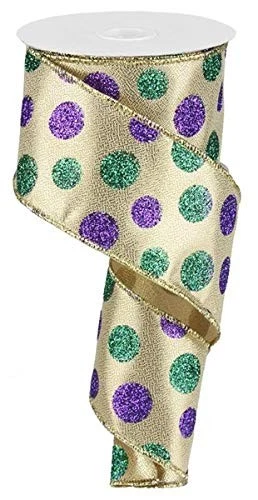 Mardi Gras Wired Edge Ribbon 10 Yards Glitter Dots 2.5 Inch, Craft Gift Wrap Bow - Image 1 of 1