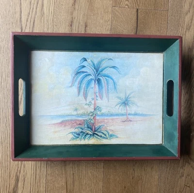 Hand Painted Tropical Palm Tree Wooden Serving Tray 13x18 Vintage Boho Island - Image 1 of 4
