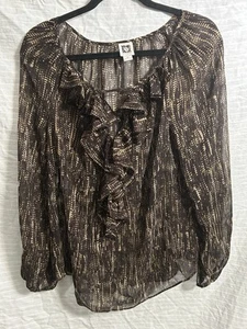 Anne Klein Women’s Brown Geometric Ruffled Long Sleeve Scoop Neck Blouse Size M - Afbeelding 1 van 8