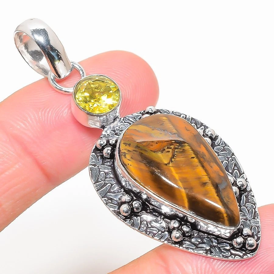 Natural Tiger Eye Gemstone Handmade 925 Sterling Silver Jewelry Pendant Sz 2.25" - Image 1 of 1