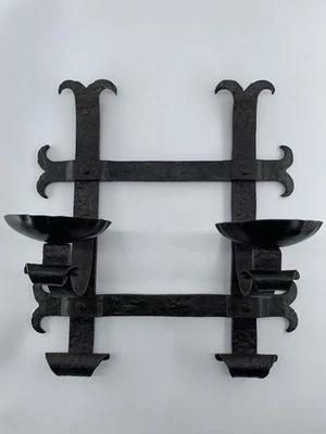 Vintage Wrought Iron Forged Double Candle Wall Sconce Gothic Medieval Style - Image 1 of 4
