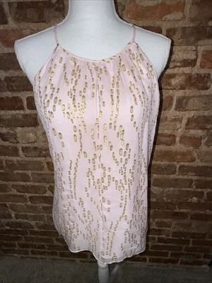 Lilly Pulitzer Del Mar Pink w/ Gold Crinkle Clip Dot Silk Tank Top Sz Medium  - Image 1 of 4