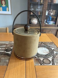 Vintage Ice Bucket w/ Handle Lid Brown Faux Leather Vinyl Barware MCM Retro Bar - Picture 1 of 6