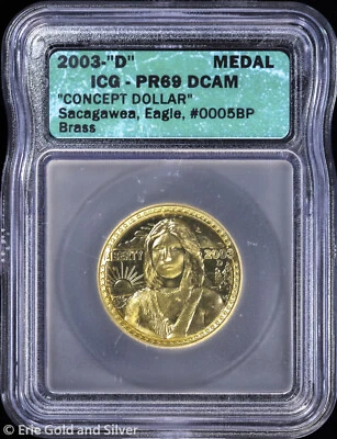 2003-D Proof Sacagawea Eagle concepto de latón medalla de dólar ICG PR 69 DCAM Foto 1 de 4