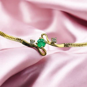 VINTAGE- 18K Gold- Colombian Emerald & Diamond Bracelet- 750 Gold -6.5"  -2.6g - Picture 1 of 22