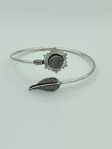 Natural Labradorite Gemstone Round and Sterling Silver Leaf Bangle Bracelet - Picture 1 of 1