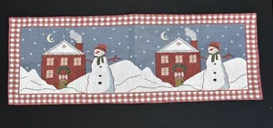 Christmas Wreath On House Snowing w Snowman Tapestry Table Runner 12.5" x 36" - Picture 1 of 10