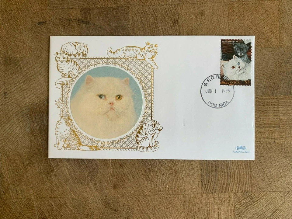 DOMINICA 1999 FDC BENHAM SILK CATS BLUE BERMESE KITTEN & WHITE PERSIAN ODD-EYED - Image 1 of 1