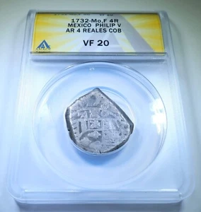 1732 Dated Mexico 4 Reales ANACS VF-20 1700s Spanish Colonial Pirate Cob 4R Coin - Picture 1 of 4