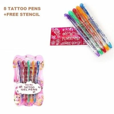 GENERIC 5 x Temporary Tattoo Gel Pens Body Pens Glitter Pens +Stencil Kids School Gift