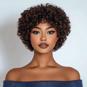 DÉBUT Short Curly Wigs with Bangs 100% Human Hair Afro Curly Glueless Wigs - Picture 1 of 6