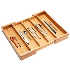 Bamboo Expandable Cutlery Tray & Drawer Organizer, 3 Compartments, With 2 Holder