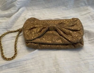 Emma Rose Bowed Gold Faux Snakeskin Flap Clutch Wristlet With Inside Wallet - Picture 1 of 10