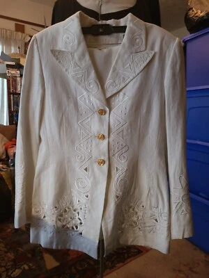 ESCADA DESIGNER 西装夹克 尺寸 36 白色人造丝亚麻镂空  — 第 1/4 张图片