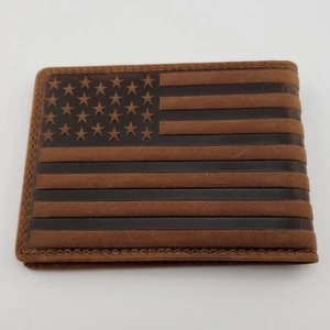 Mens American Flag Wallet Brown Leather RFID Blocking Patriotic Minimalist Gift - Picture 1 of 12