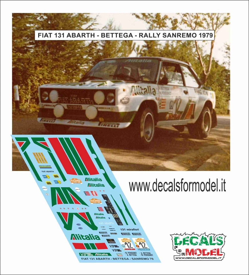DECALS 1:43 FIAT 131 ABARTH ALITALIA BETTEGA RALLY SANREMO 1979 - Immagine 1 di 1