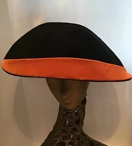 Vintage 40s 50s Saucer Wide Brim Tilt Hat Black Wool Orange Evening Couture - Picture 1 of 10