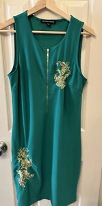 Boston Proper Green Sheath Gold Embroidery Sleeveless Front Zip Size S Small EUC - Picture 1 of 9