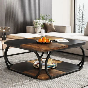 2 Tiers Square Coffee Table with Wood Storage Shelf Heavy Duty Curved Frame - Picture 1 of 8