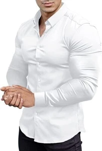Men’s Muscle Fit Dress Shirts Athletic Slim Fit Long Sleeve Stretch Wrinkle-F... - Picture 1 of 5