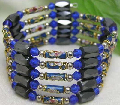 Blue Cloisonne Bracelet for Women Black Hematite Magnetic Bracelet 29" Necklace - Image 1 of 4