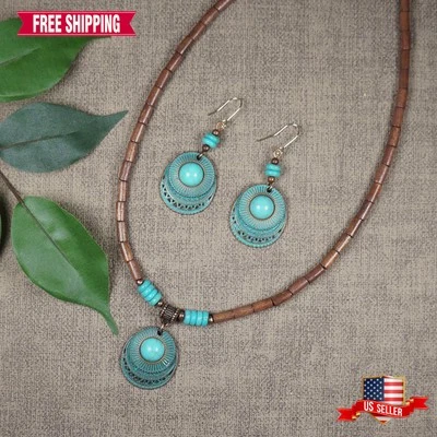 Juego de joyas estilo vintage con cuentas de madera boho turquesa pátina de cobre, 20 pulgadas Foto 1 de 4