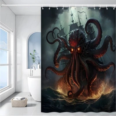 Octopus Shower Curtain Nautical Pirate Ship Kraken Tentacles Ocean Night Decor - Image 1 of 4