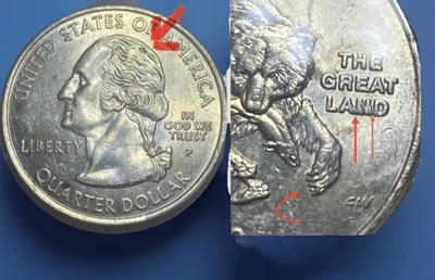 2008-P Alaska Quarter EXTRA CLAW Die Chip • Raised Paw & LAND Chips • BU coin - Image 1 of 4