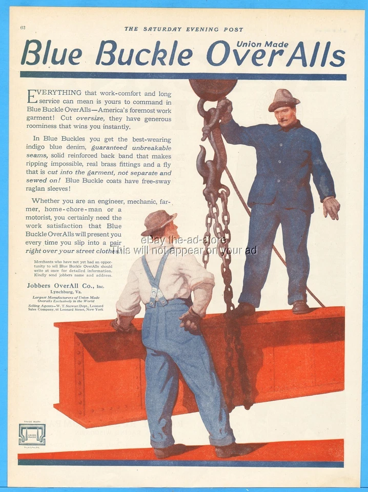 1919 Jobbers Blue Buckle Overalls Steel Workers Art Union Made Lynchburg VA Ad - Image 1 of 1