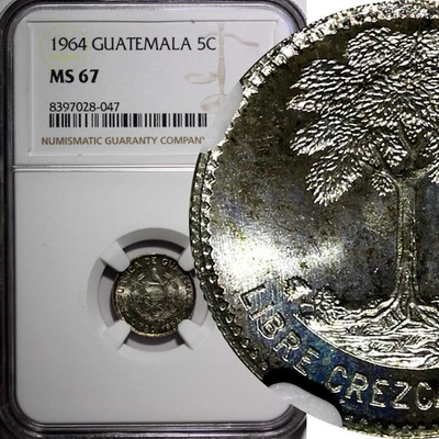 GUATEMALA Silver 1964 5 Centavos KEY DATE NGC MS67 GEM BU LUSTER KM# 261 (047) - Image 1 of 4