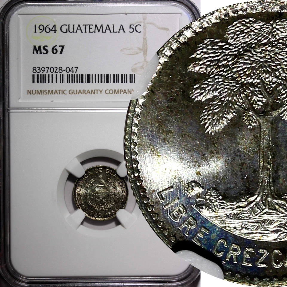 GUATEMALA Silver 1964 5 Centavos KEY DATE NGC MS67 GEM BU LUSTER KM# 261 (047) - Image 1 of 4