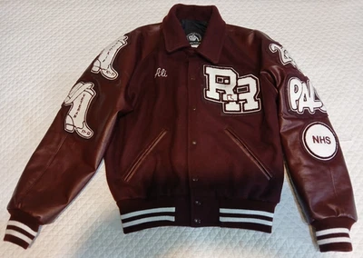 Jaqueta Varsity de couro marrom lã feita nos EUA Tejas MFG Patches 2012 broca NHS - Imagem 1 de 4