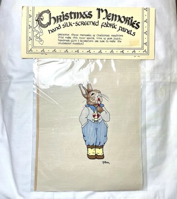 Vntg Hand Silk-Screened Fabric Panel 133 Nina Shaffer Rabbit Eating A Candy Cane - Image 1 of 4
