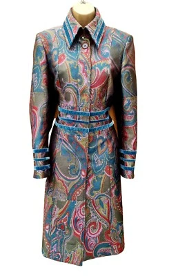 UK 14 Karen Millen Vintage Oriental Turquoise Green Paisley Print Dress Coat Mac - Image 1 of 4