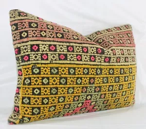 Decorative Yellow Pink Vintage Kilim Lumbar Pillow Cover 16x24 Kilim Cushion - Picture 1 of 10