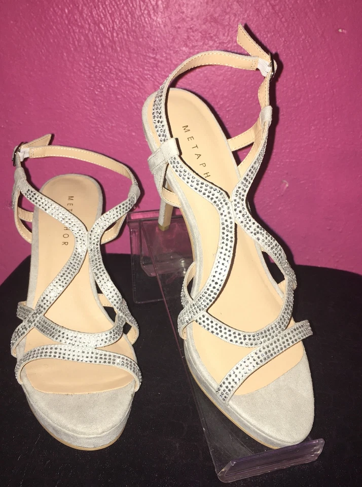 NUEVO Tacones altos de aguja metáfora con tiras estrás para mujer en gris talla 9M Foto 1 de 4