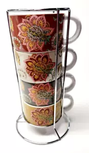 Pier 1 Tazas de Café Apilables de Cerámica en Estante de Metal Boho Colorido Paisley Set 4 - Imagen 1 de 10