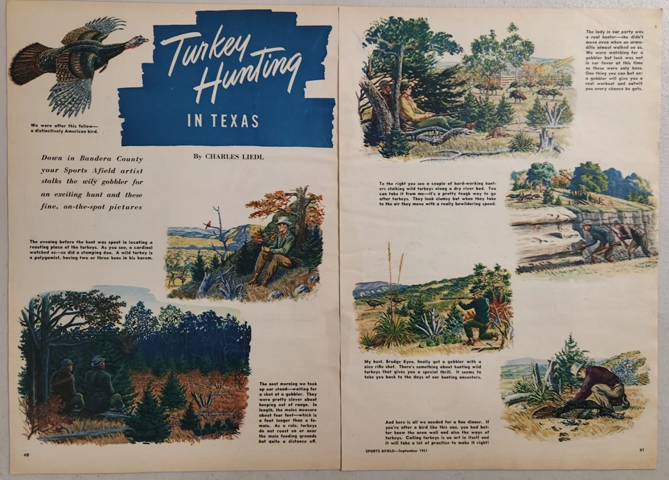 Artículo de imágenes de revista 1951 caza de pavo en Texas por Charles Liedl Foto 1 de 1
