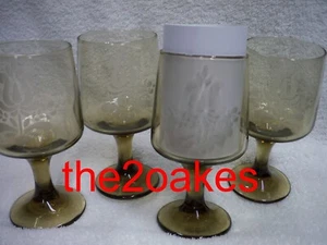 4 Pfaltzgraff VILLAGE 10 oz Goblet 5-3/4" Water Tea Drink Smoked Brown Etched - Picture 1 of 2