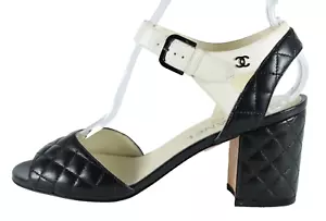 CHANEL 16P Black Quilted Leather & White Leather CC Logo Block Heel Sandals 38 - Picture 1 of 13